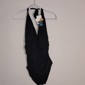 Black Halter One Piece Swimsuit with Textured Fabric